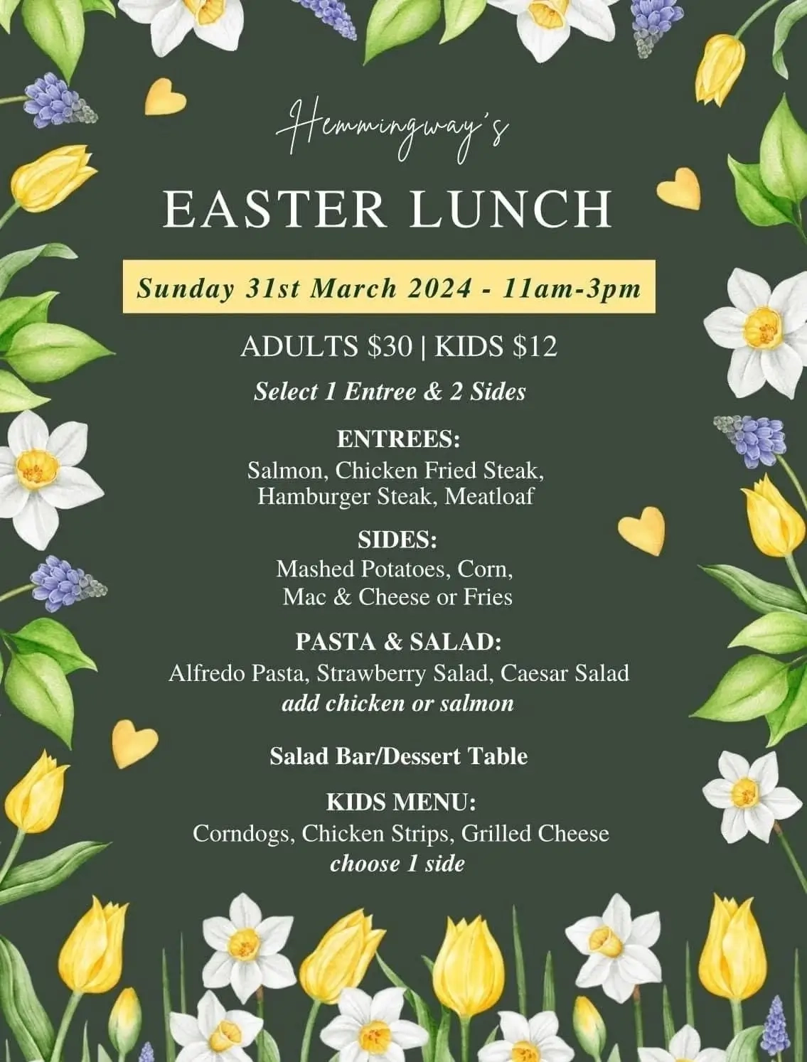 A menu for an easter lunch with flowers.